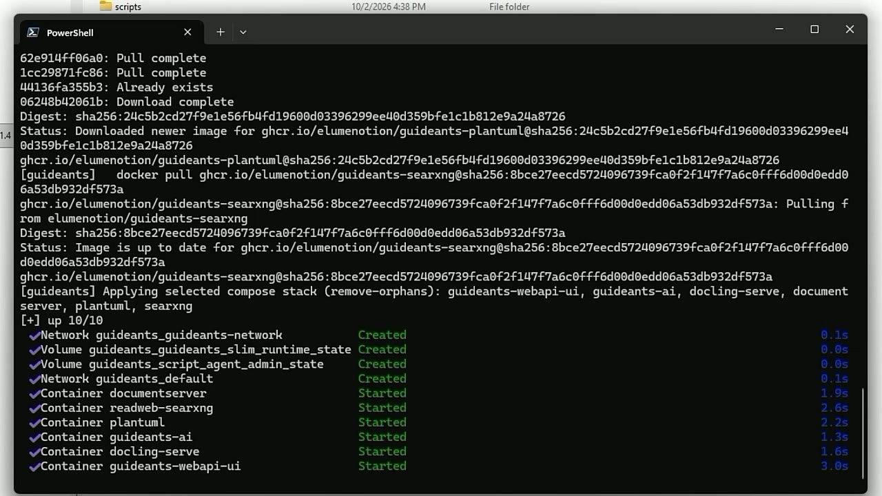 The six services starting: guideants-webapi-ui, guideants-ai, docling-serve, documentserver, plantuml, searxng.