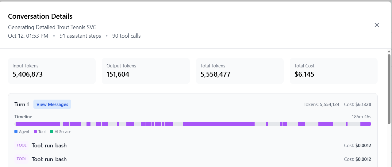 The conversation details: 5.5M tokens and 90 tool calls.