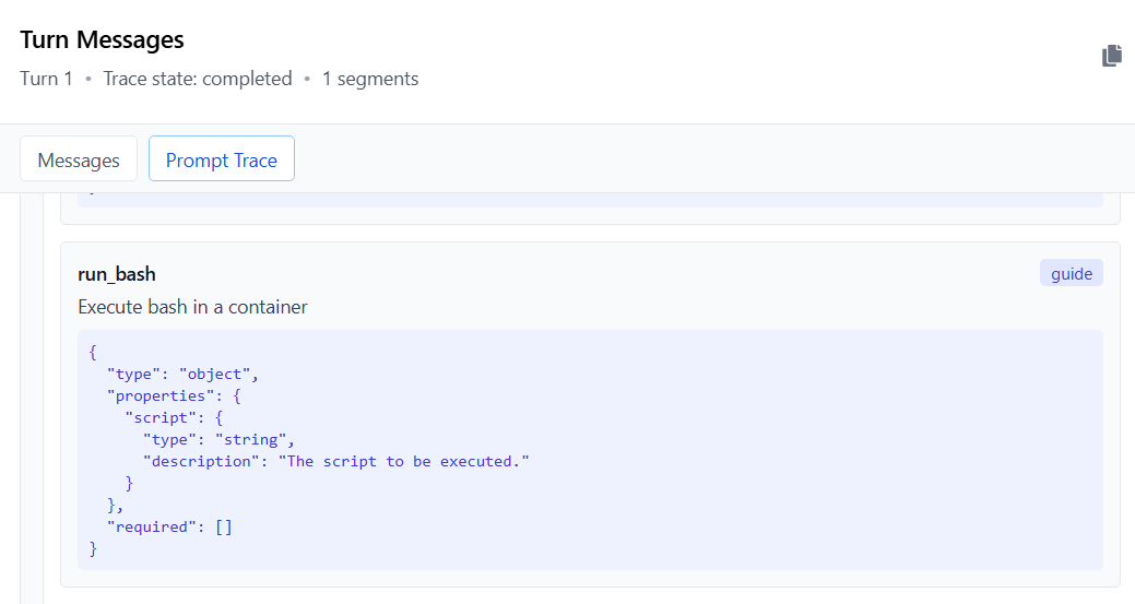 The tool definition specifies an argument named script.