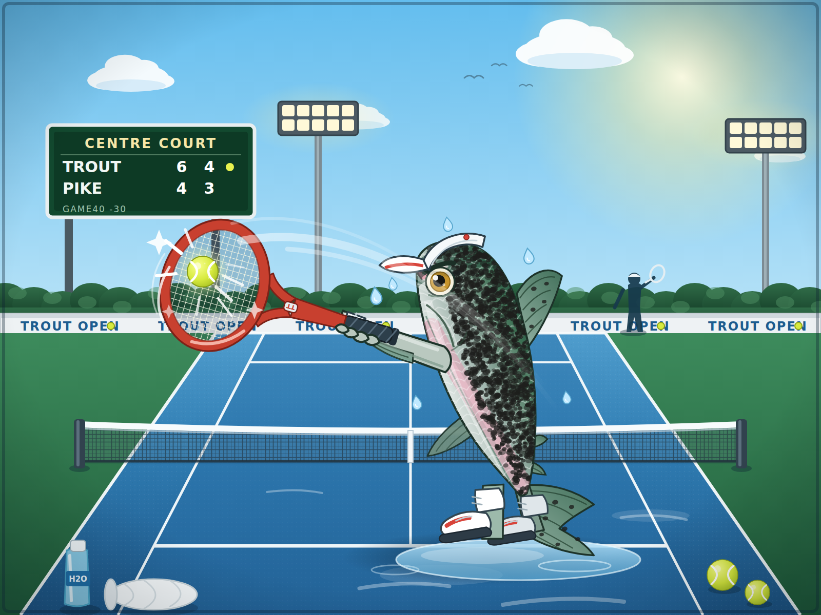 The first result: a trout playing tennis, generated as an SVG.